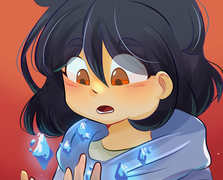 Dark haired girl is holding water with her magic, forming little diamonds!