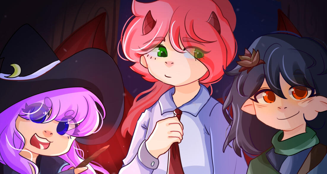 Aforementioned purple, pink and dark haired girls are all together, wearing costumes for Halloween!