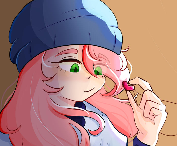 A pink haired girl is staring at a heart shaped necklace.